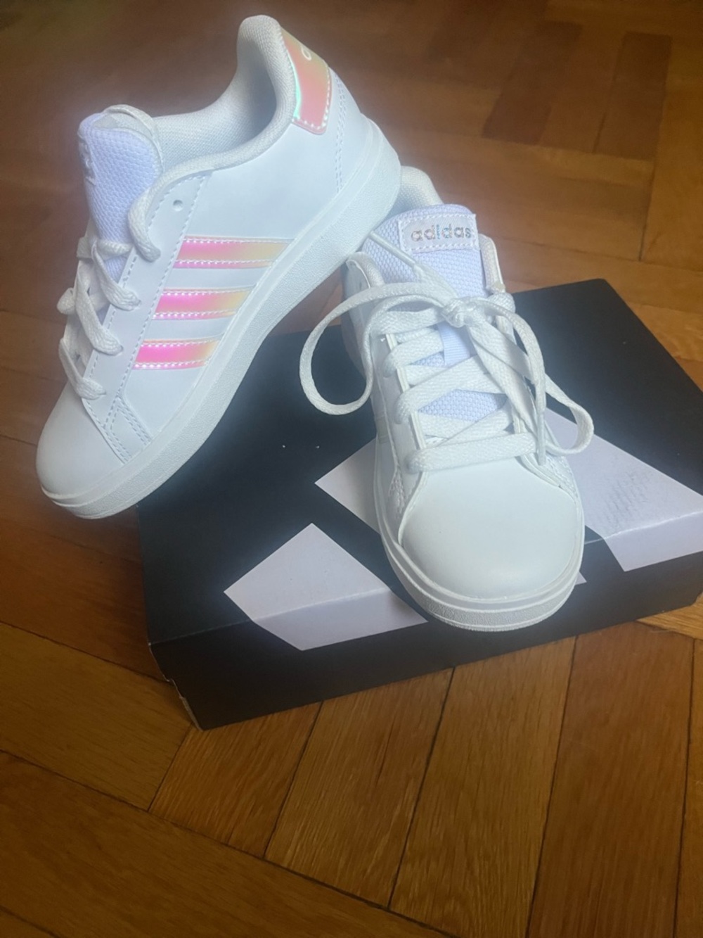 adidas Kids White Sneakers with Pink Iridescent Stripes